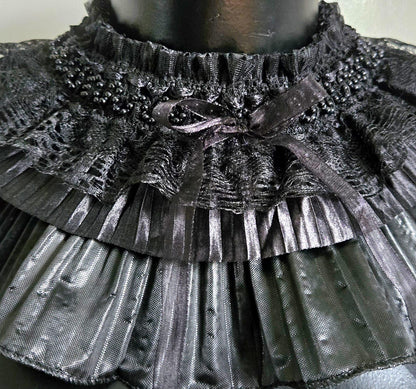 Black Lace Beaded Neck Ruff Collar - Steampunk Gothic Costume