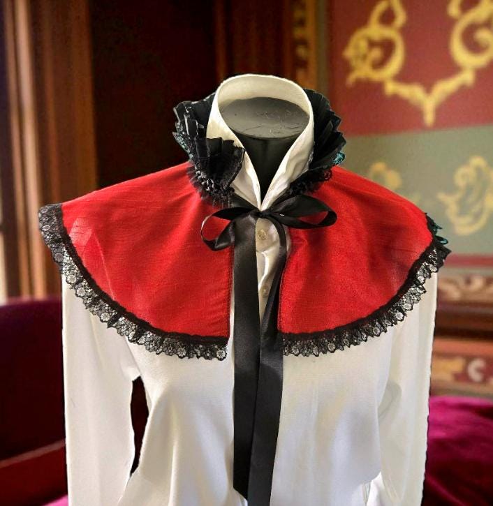 Burgundy Taffeta Capelet: Black Lace Trim, Victorian Steampunk Costume