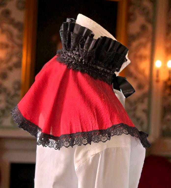 Burgundy Taffeta Capelet: Black Lace Trim, Victorian Steampunk Costume