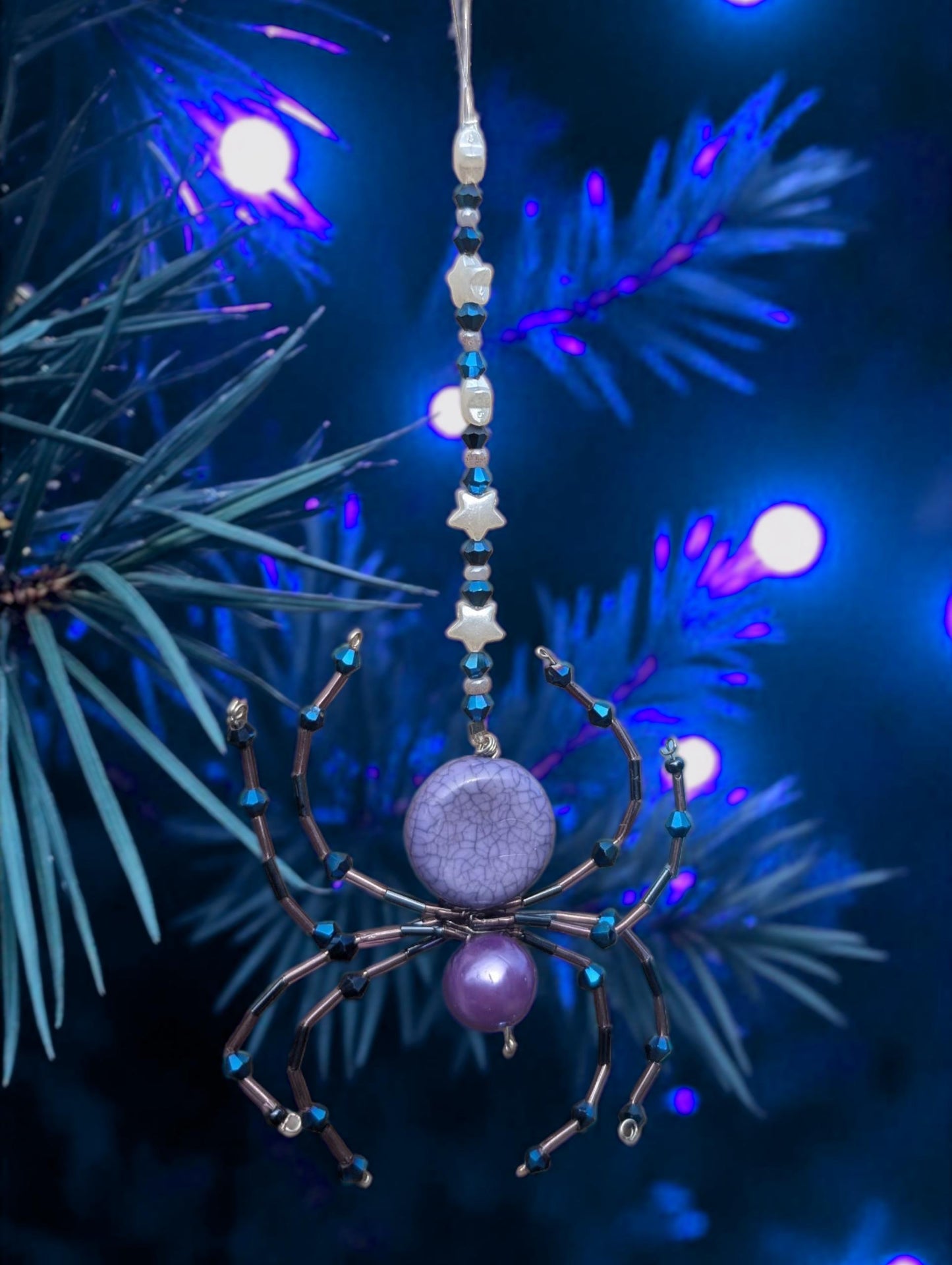 Handmade Beaded Wire Spider Ornament: Purple, Blue, Star Beads