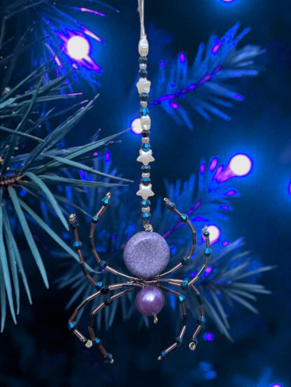 Handmade Beaded Wire Spider Ornament: Purple, Blue, Star Beads