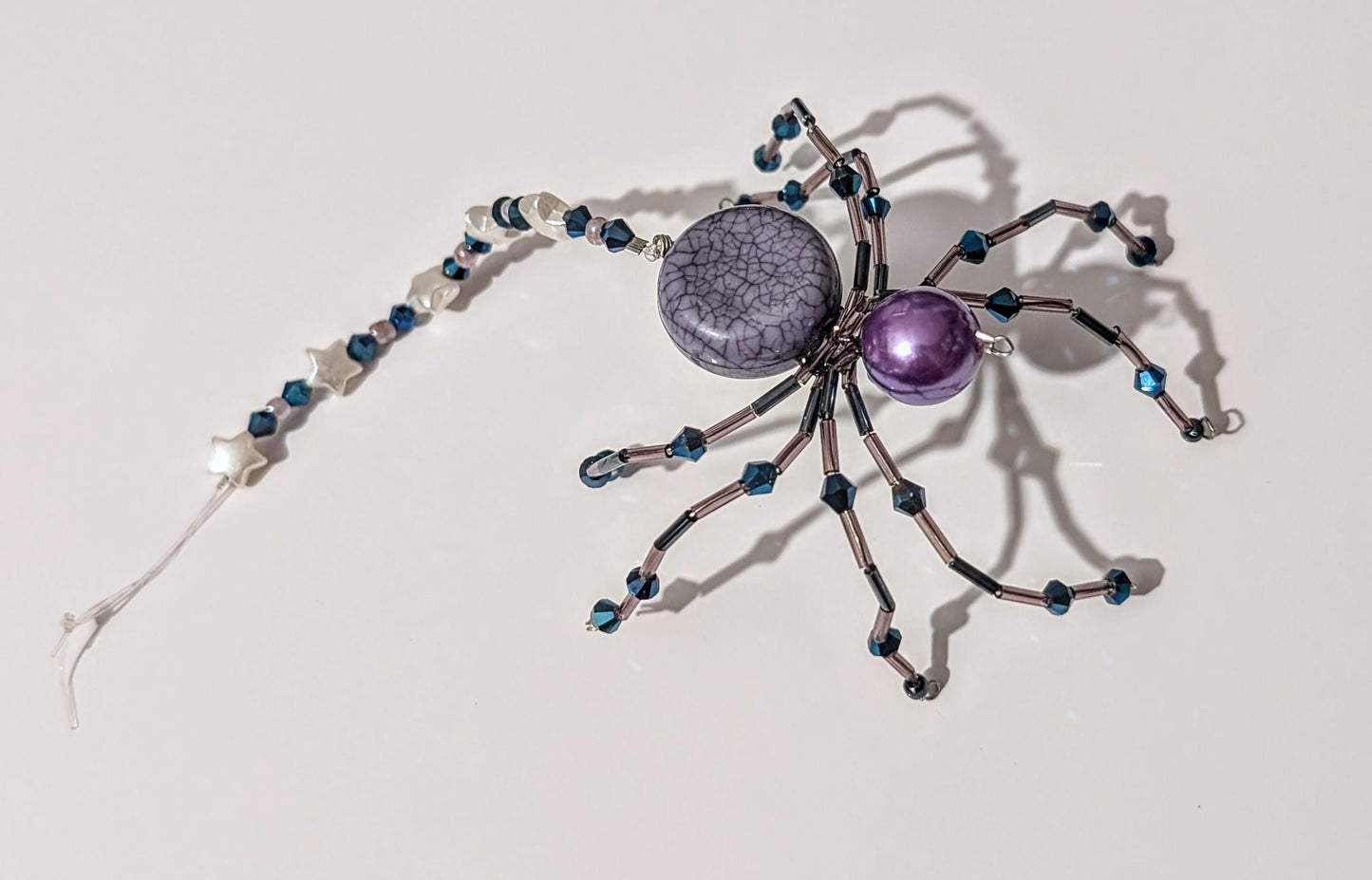 Handmade Beaded Wire Spider Ornament: Purple, Blue, Star Beads