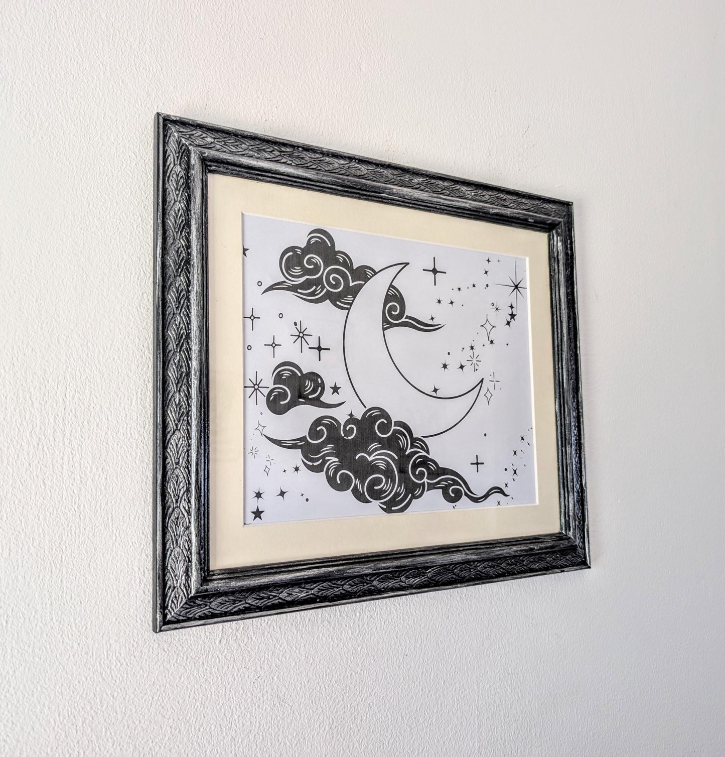 Carved Wooden Photo Frame: Black Brushed with Silver, Gothic Wall Hanging (12 x 10")
