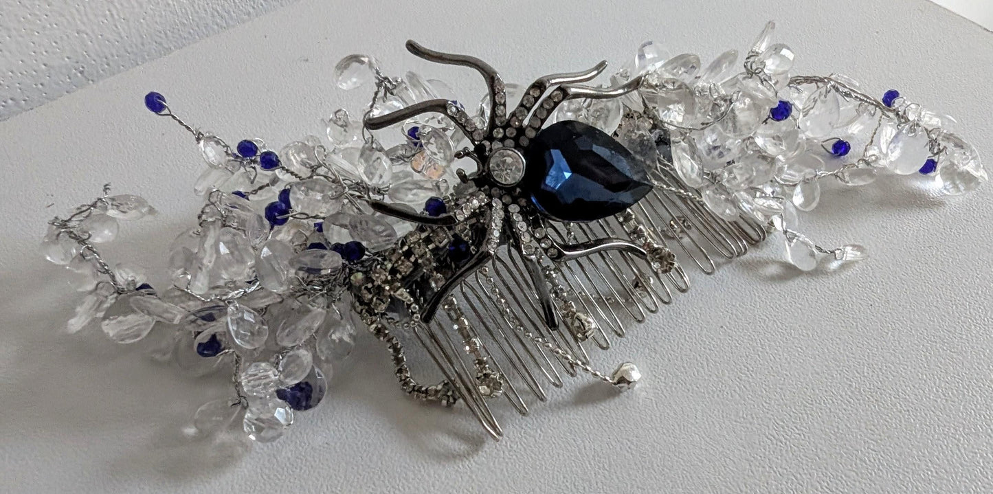 Blue Crystal Spider Hair Comb, Gothic Bridal Fascinator