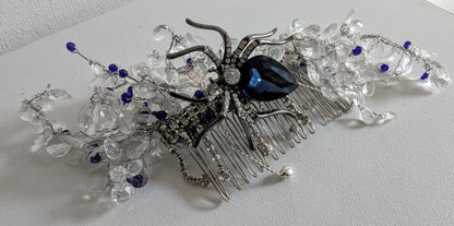 Blue Crystal Spider Hair Comb, Gothic Bridal Fascinator