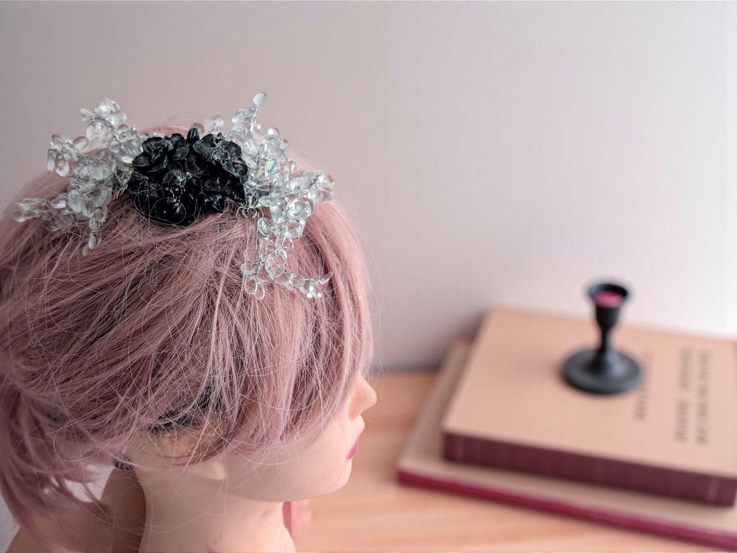 Handmade Gothic Skull Flower Hair Comb, Clear Crystals, Spider Accessory