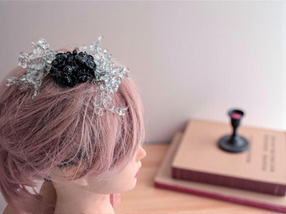 Handmade Gothic Skull Flower Hair Comb, Clear Crystals, Spider Accessory
