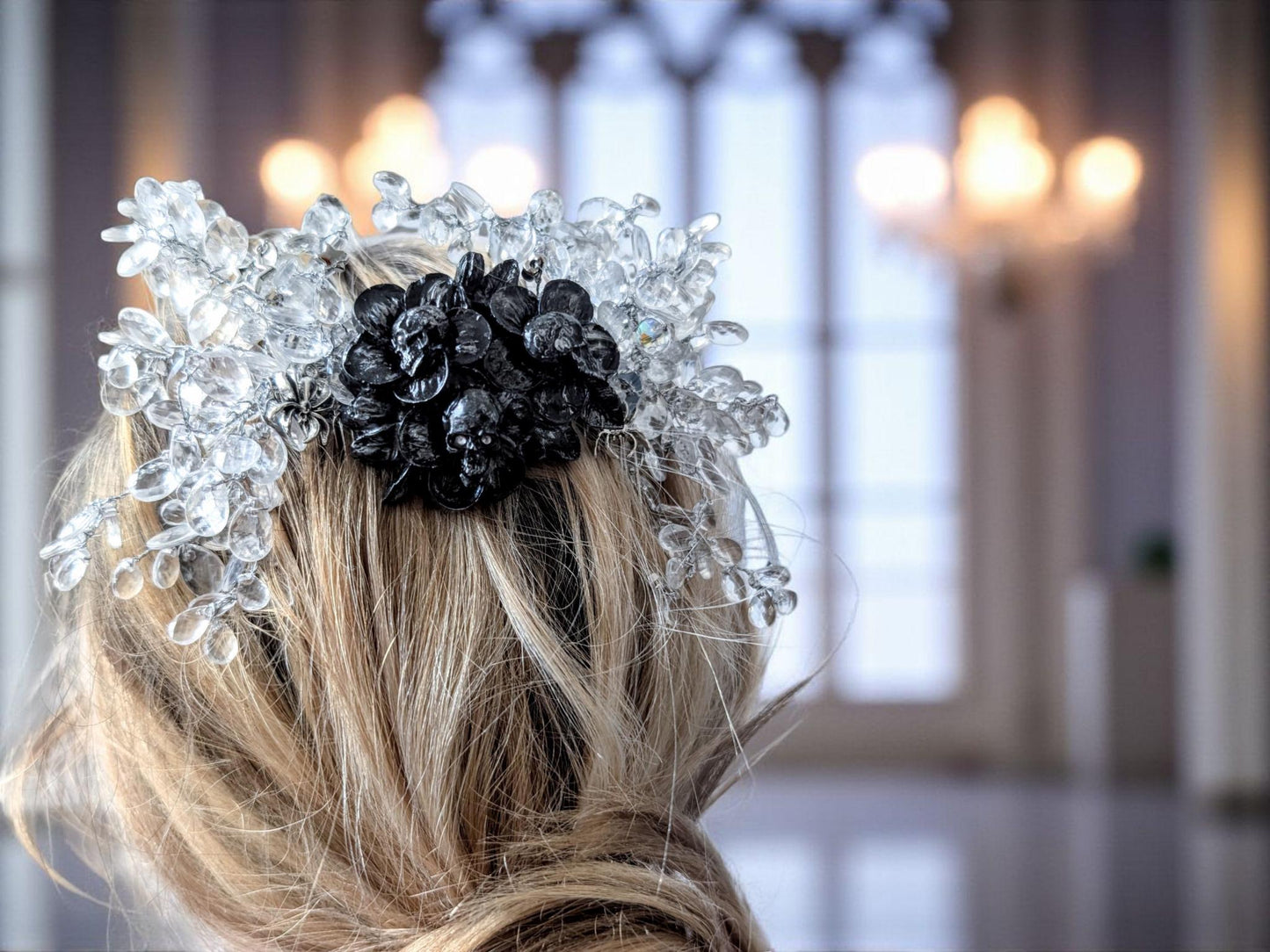 Handmade Gothic Skull Flower Hair Comb, Clear Crystals, Spider Accessory