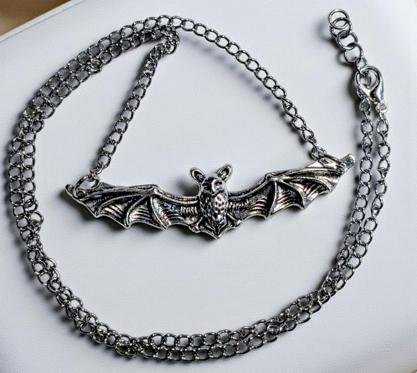 Handmade silver metal necklace pendant charm flying bat open wings gothic costume jewellery cute gift for her teen girl Halloween accessory