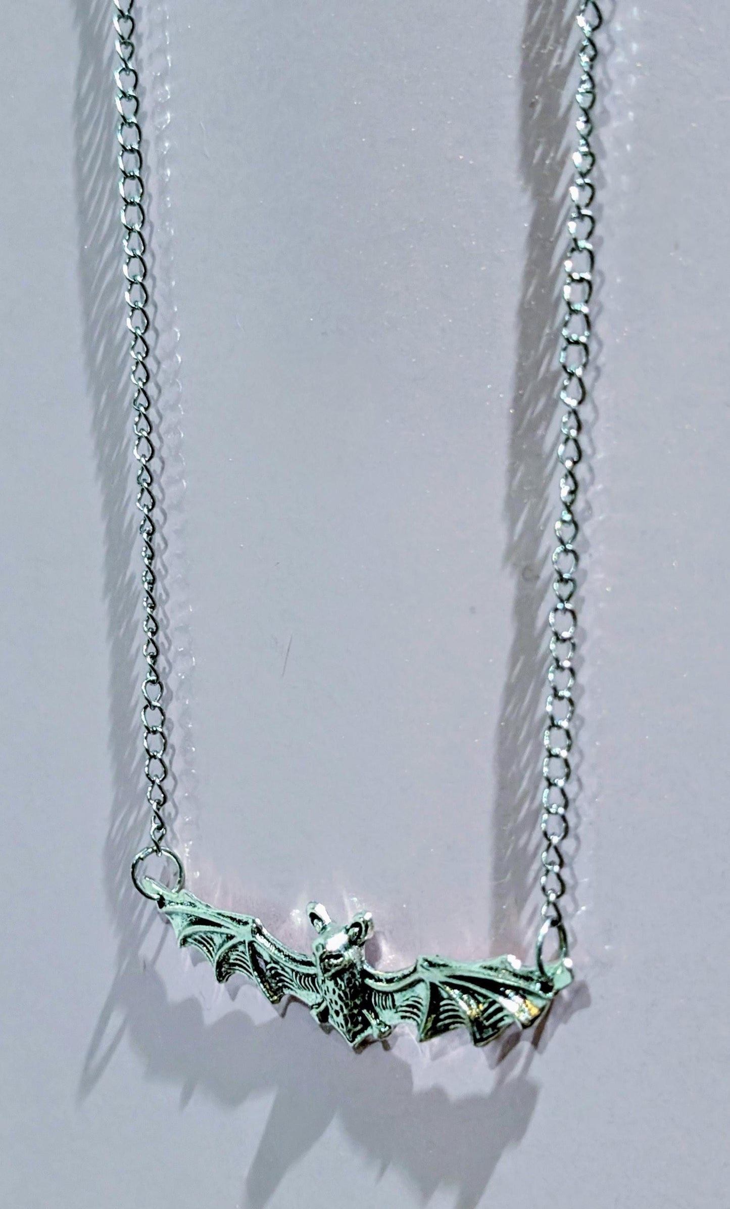 Handmade silver metal necklace pendant charm flying bat open wings gothic costume jewellery cute gift for her teen girl Halloween accessory