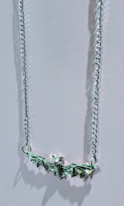 Handmade silver metal necklace pendant charm flying bat open wings gothic costume jewellery cute gift for her teen girl Halloween accessory
