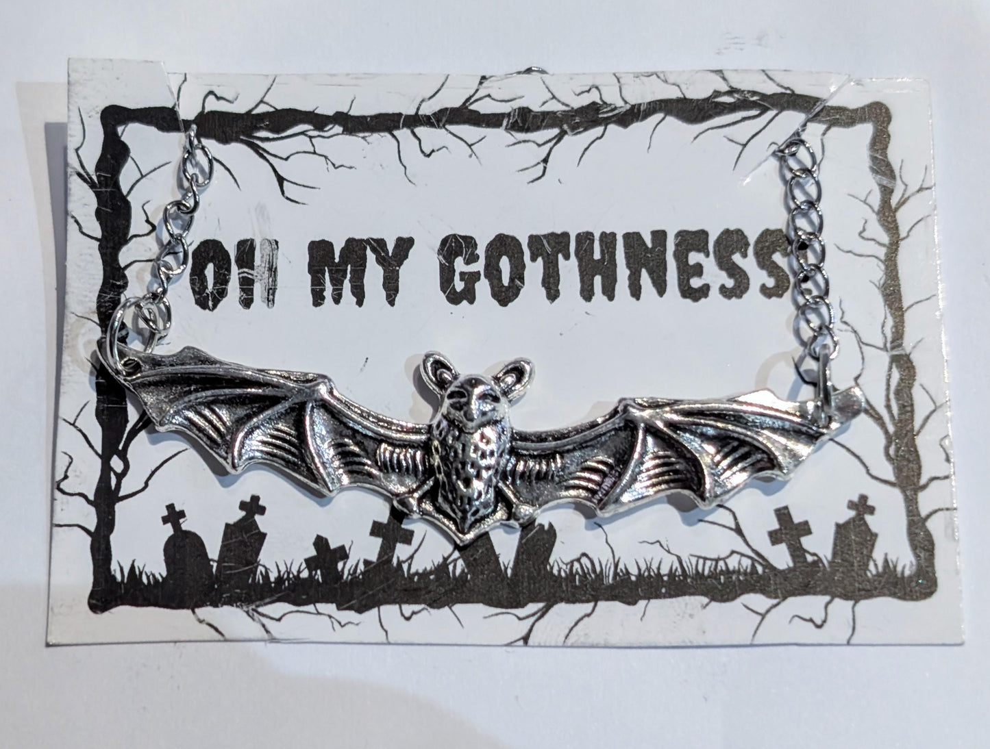 Handmade silver metal necklace pendant charm flying bat open wings gothic costume jewellery cute gift for her teen girl Halloween accessory