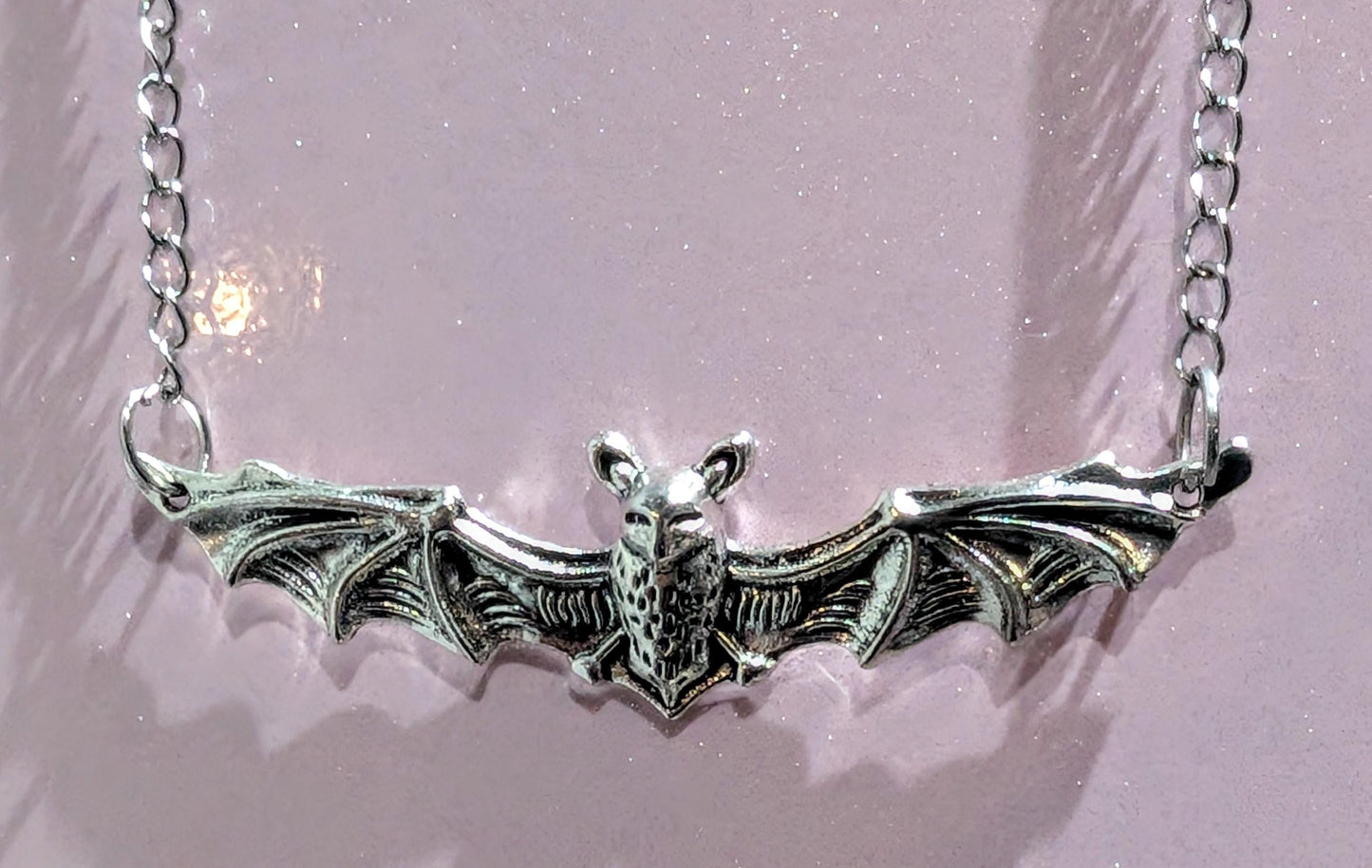 Handmade silver metal necklace pendant charm flying bat open wings gothic costume jewellery cute gift for her teen girl Halloween accessory