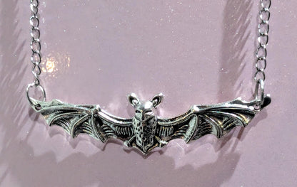 Handmade silver metal necklace pendant charm flying bat open wings gothic costume jewellery cute gift for her teen girl Halloween accessory