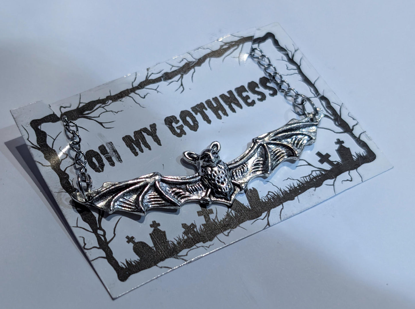 Handmade silver metal necklace pendant charm flying bat open wings gothic costume jewellery cute gift for her teen girl Halloween accessory