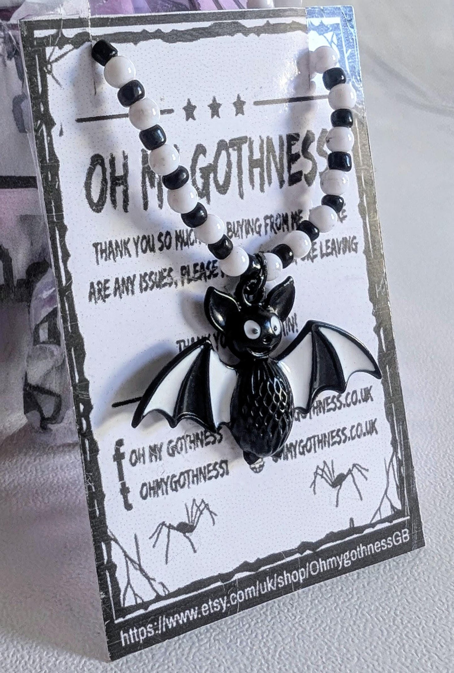 Handmade Beaded Bat Necklace: Black and White Spooky Jewelry