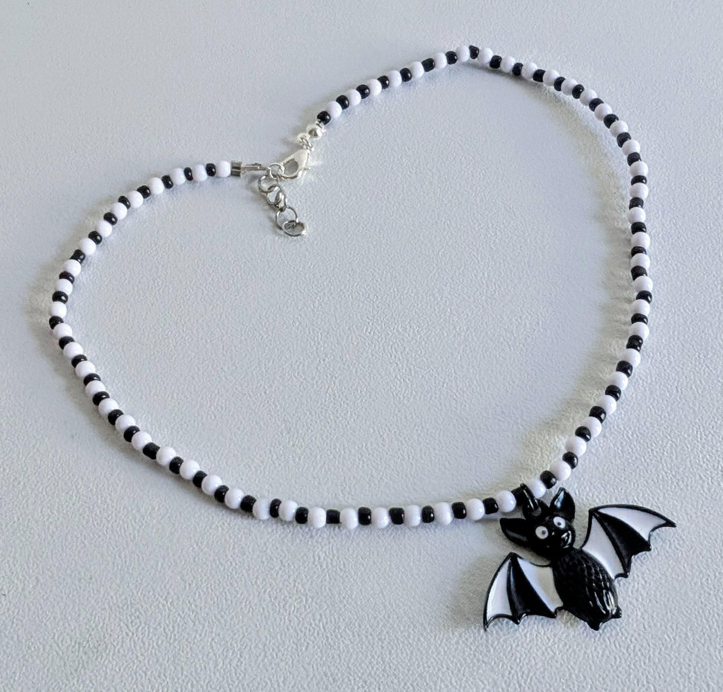 Handmade Beaded Bat Necklace: Black and White Spooky Jewelry