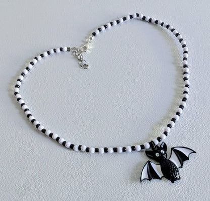 Handmade Beaded Bat Necklace: Black and White Spooky Jewelry