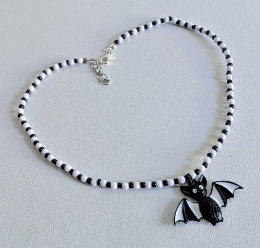 Handmade Beaded Bat Necklace: Black and White Spooky Jewelry