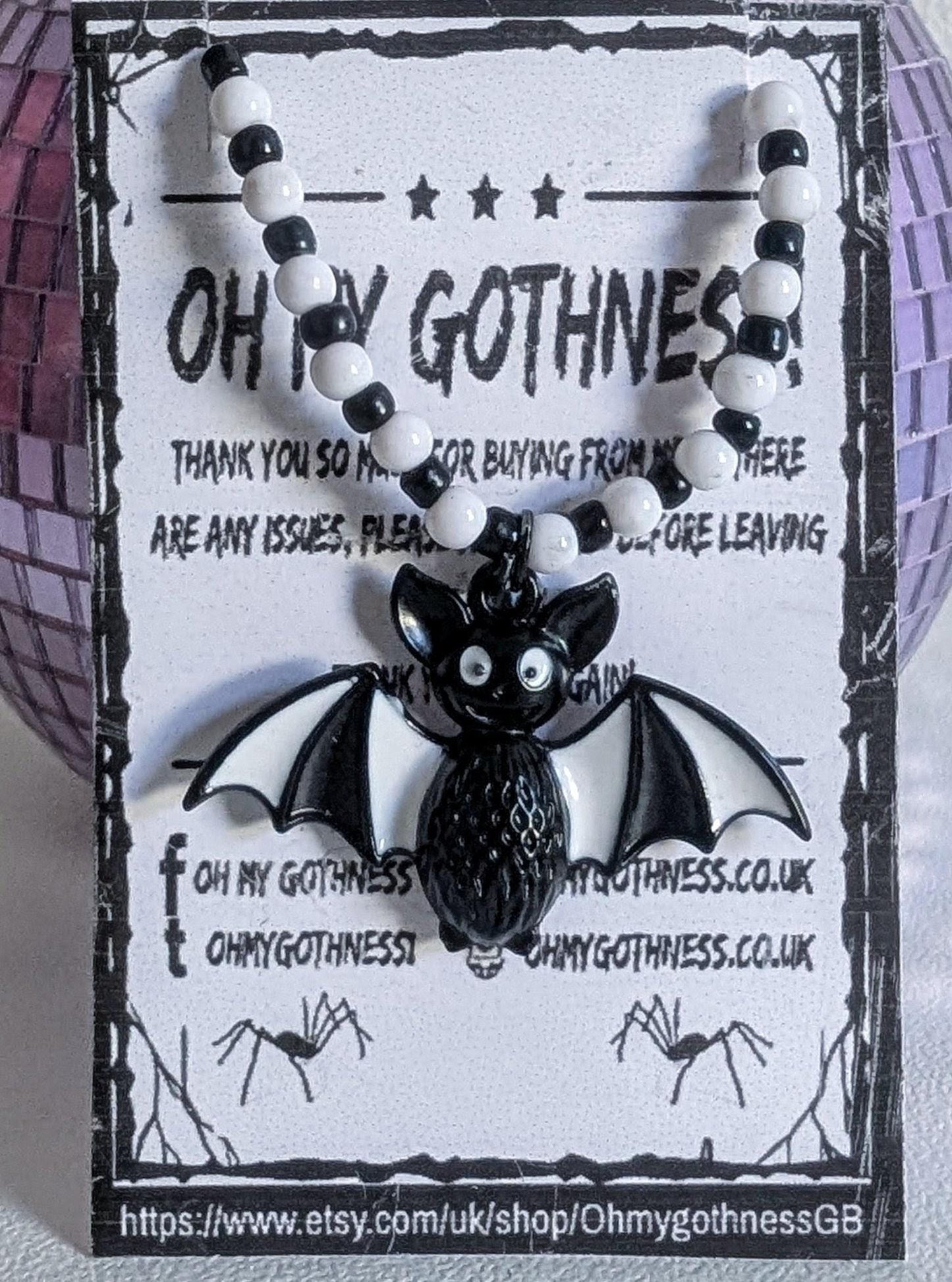 Handmade Beaded Bat Necklace: Black and White Spooky Jewelry