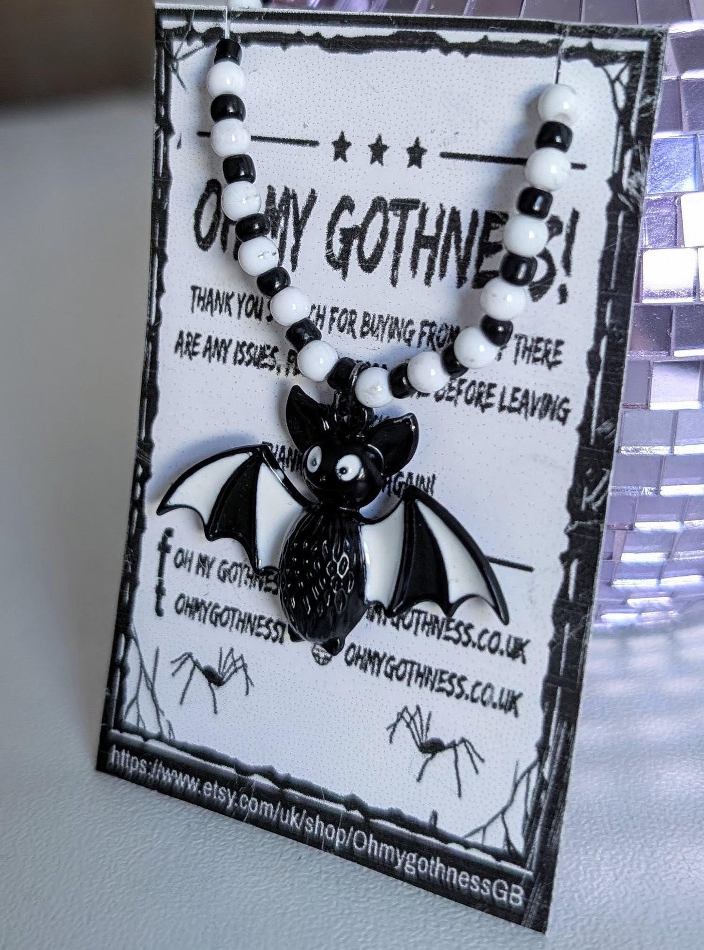 Handmade Beaded Bat Necklace: Black and White Spooky Jewelry