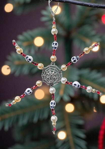 Handmade Beaded Skull Snowflake Ornament, Gothic Christmas Decoration