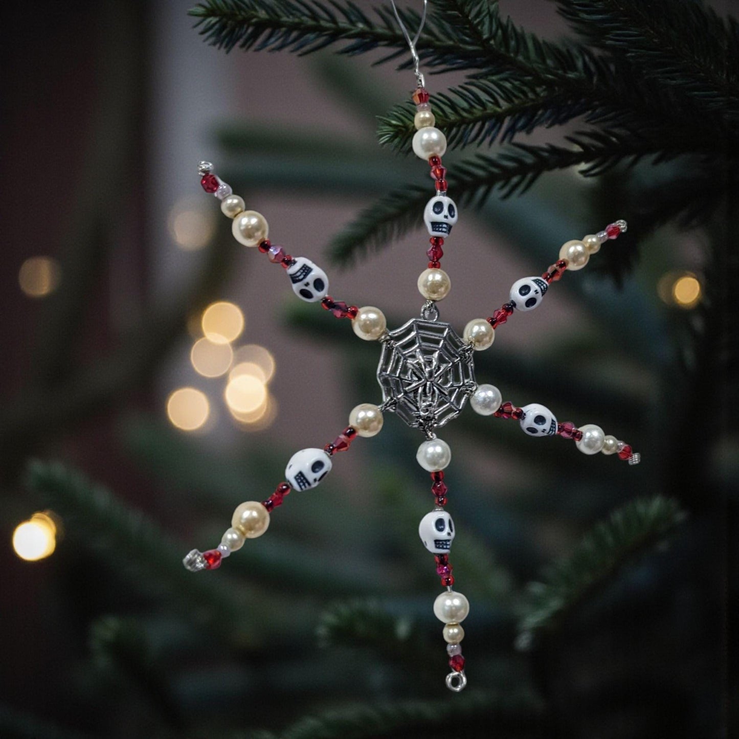 Handmade Beaded Skull Snowflake Ornament, Gothic Christmas Decoration