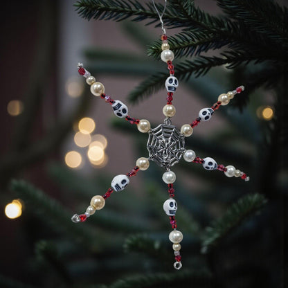 Handmade Beaded Skull Snowflake Ornament, Gothic Christmas Decoration