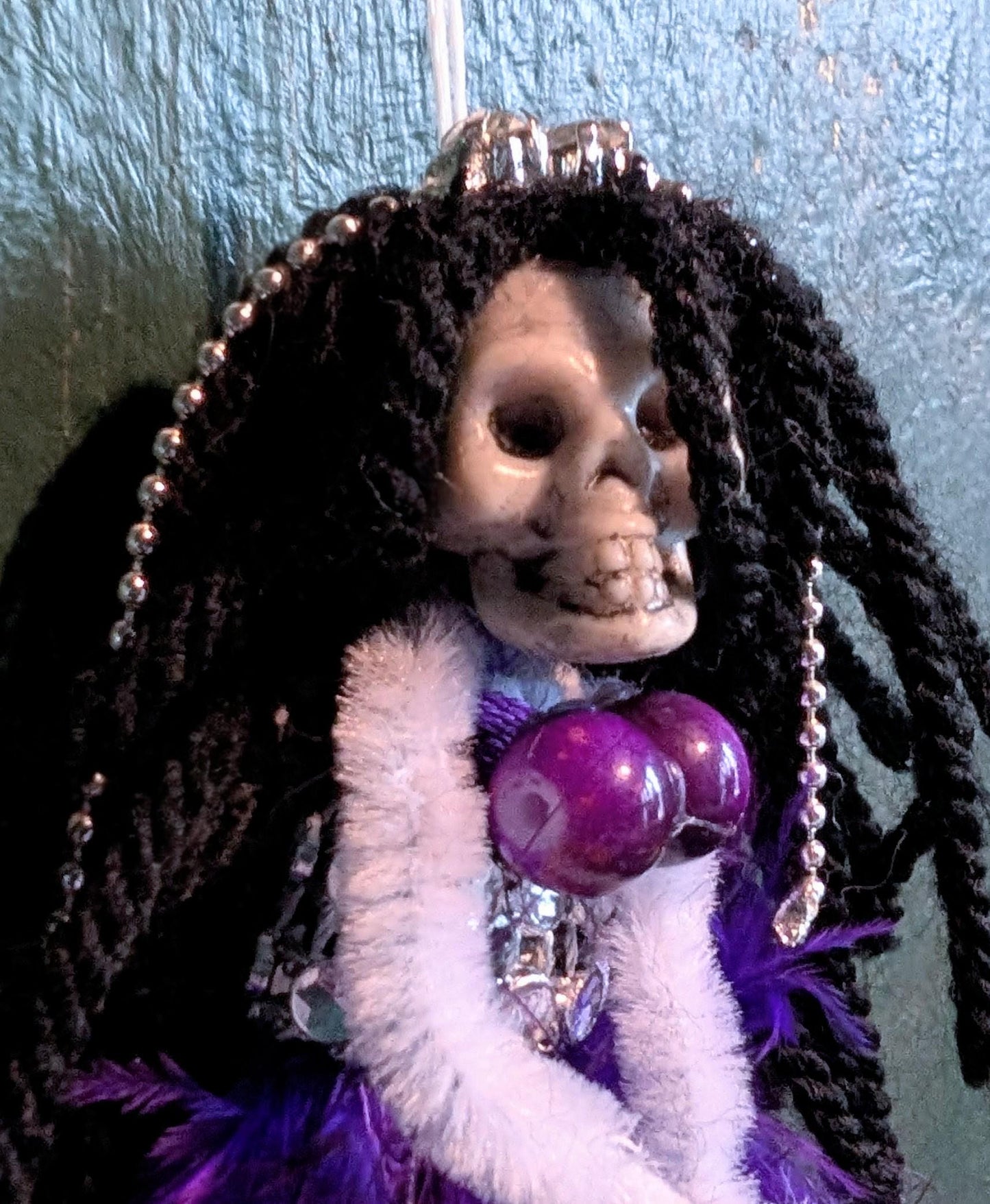 Handmade Gothic Skull Christmas Ornament - Purple Feather Creepy Doll