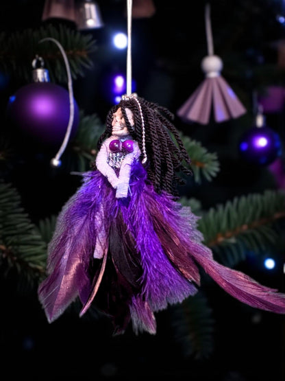 Handmade Gothic Skull Christmas Ornament - Purple Feather Creepy Doll