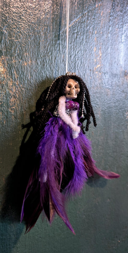 Handmade Gothic Skull Christmas Ornament - Purple Feather Creepy Doll