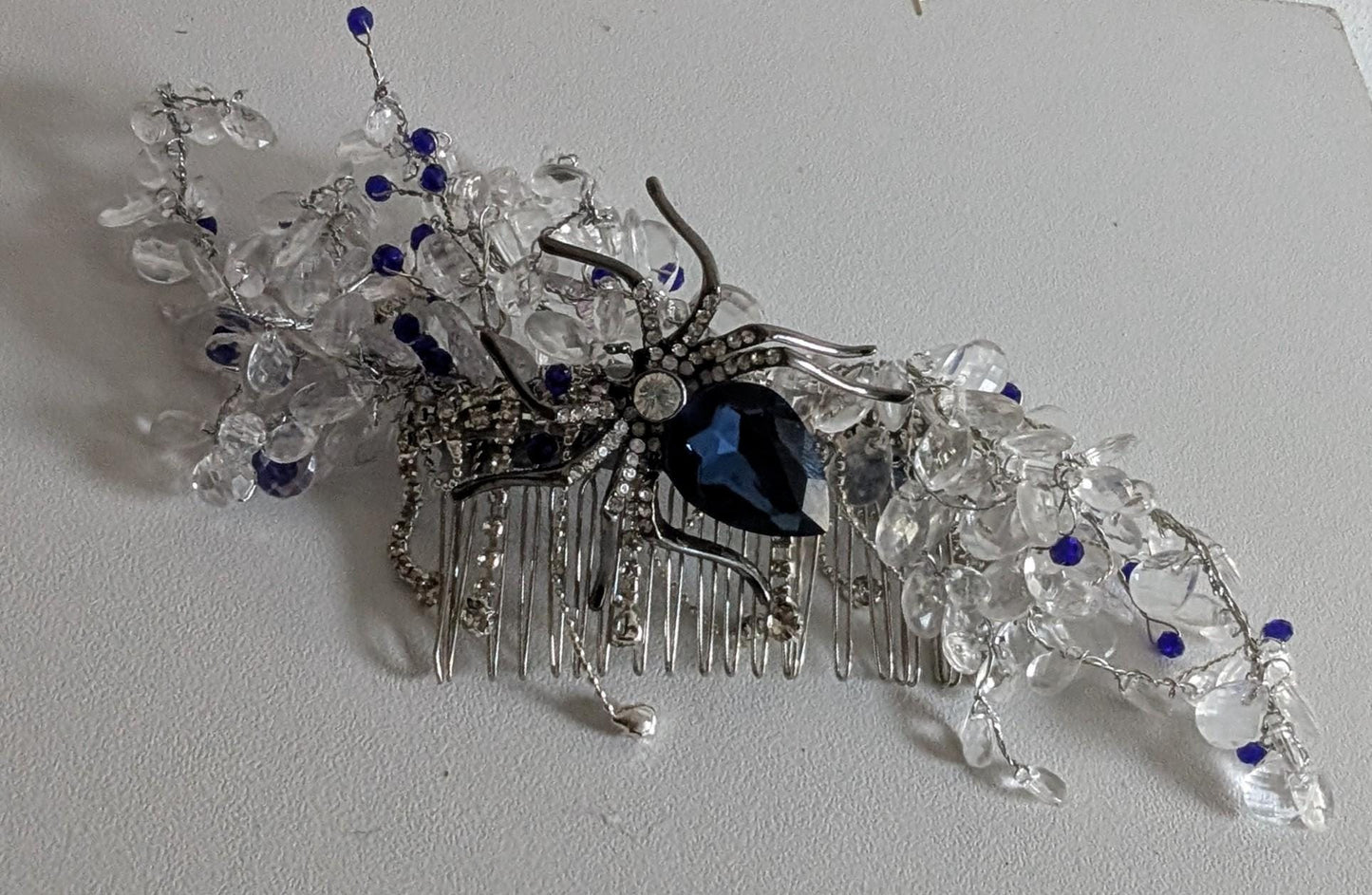 Blue Crystal Spider Hair Comb, Gothic Bridal Fascinator