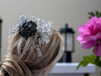 Handmade Gothic Skull Flower Hair Comb, Clear Crystals, Spider Accessory