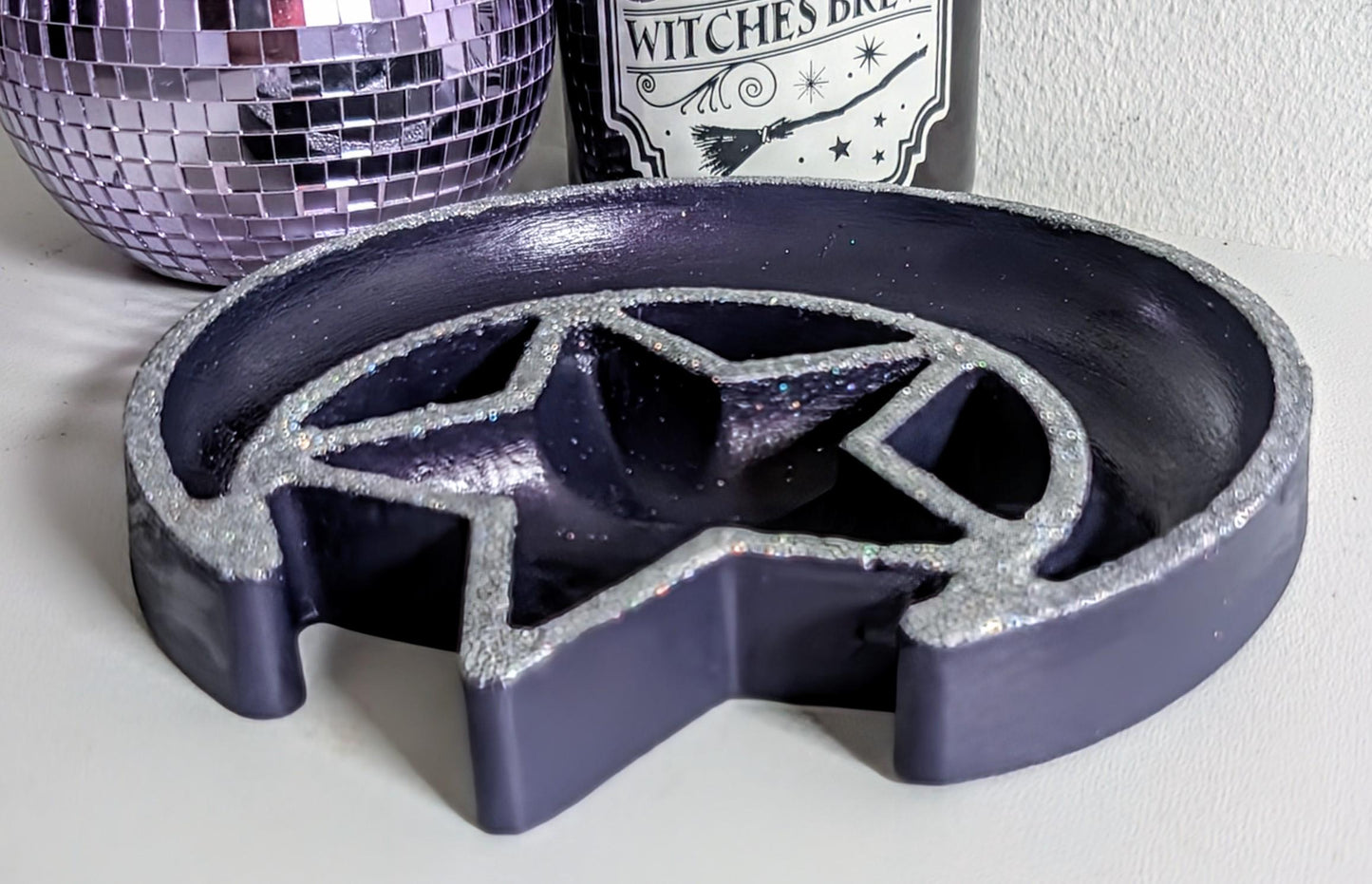 Hand Cast Purple Crescent Moon Star Ring Dish, Celestial Decor