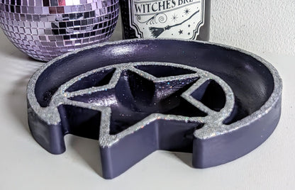 Hand Cast Purple Crescent Moon Star Ring Dish, Celestial Decor