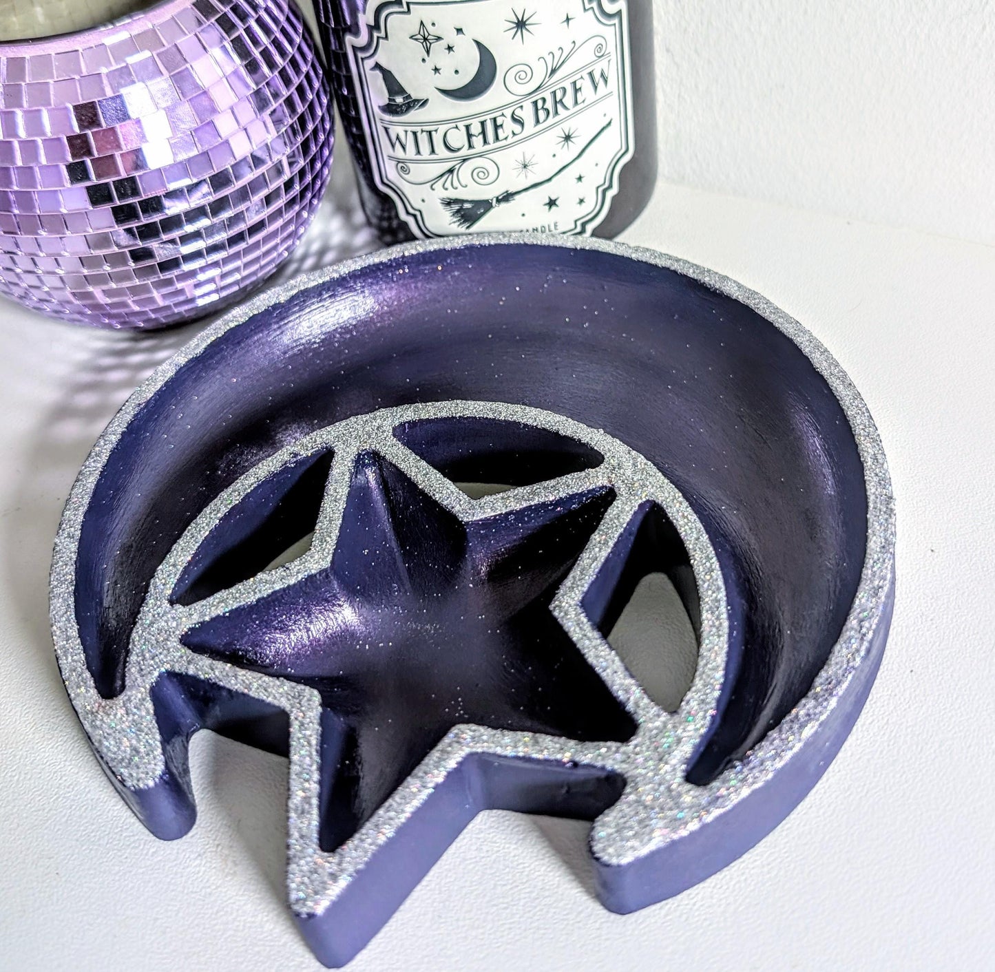 Hand Cast Purple Crescent Moon Star Ring Dish, Celestial Decor