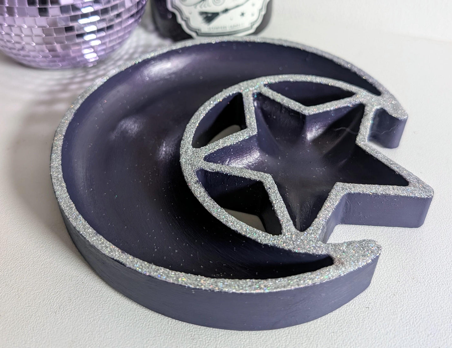 Hand Cast Purple Crescent Moon Star Ring Dish, Celestial Decor