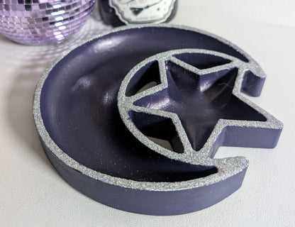 Hand Cast Purple Crescent Moon Star Ring Dish, Celestial Decor