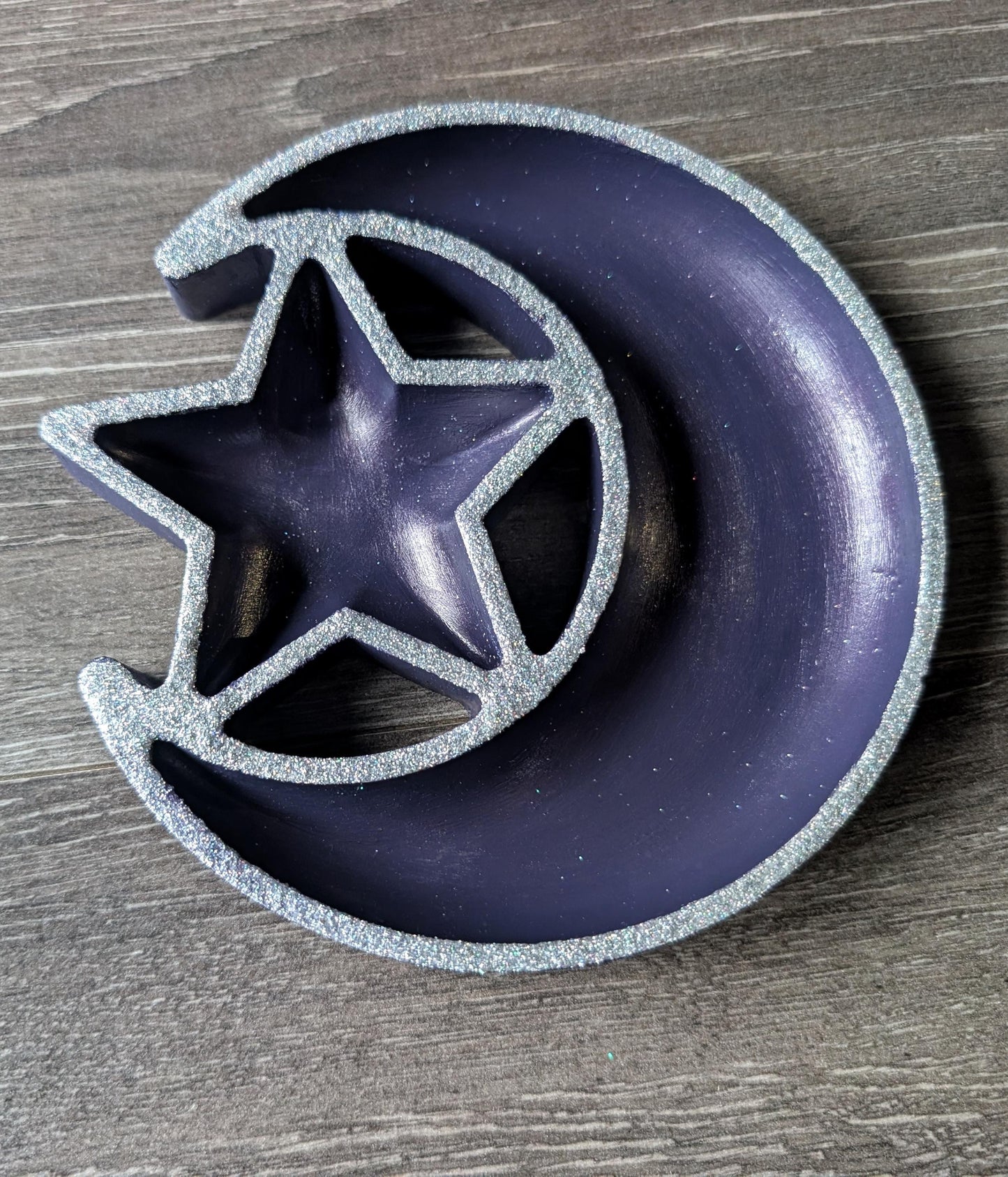 Hand Cast Purple Crescent Moon Star Ring Dish, Celestial Decor