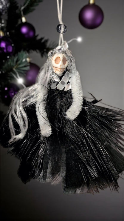 Handmade Gothic Skull Fairy Christmas Ornament: Black Feather Dress