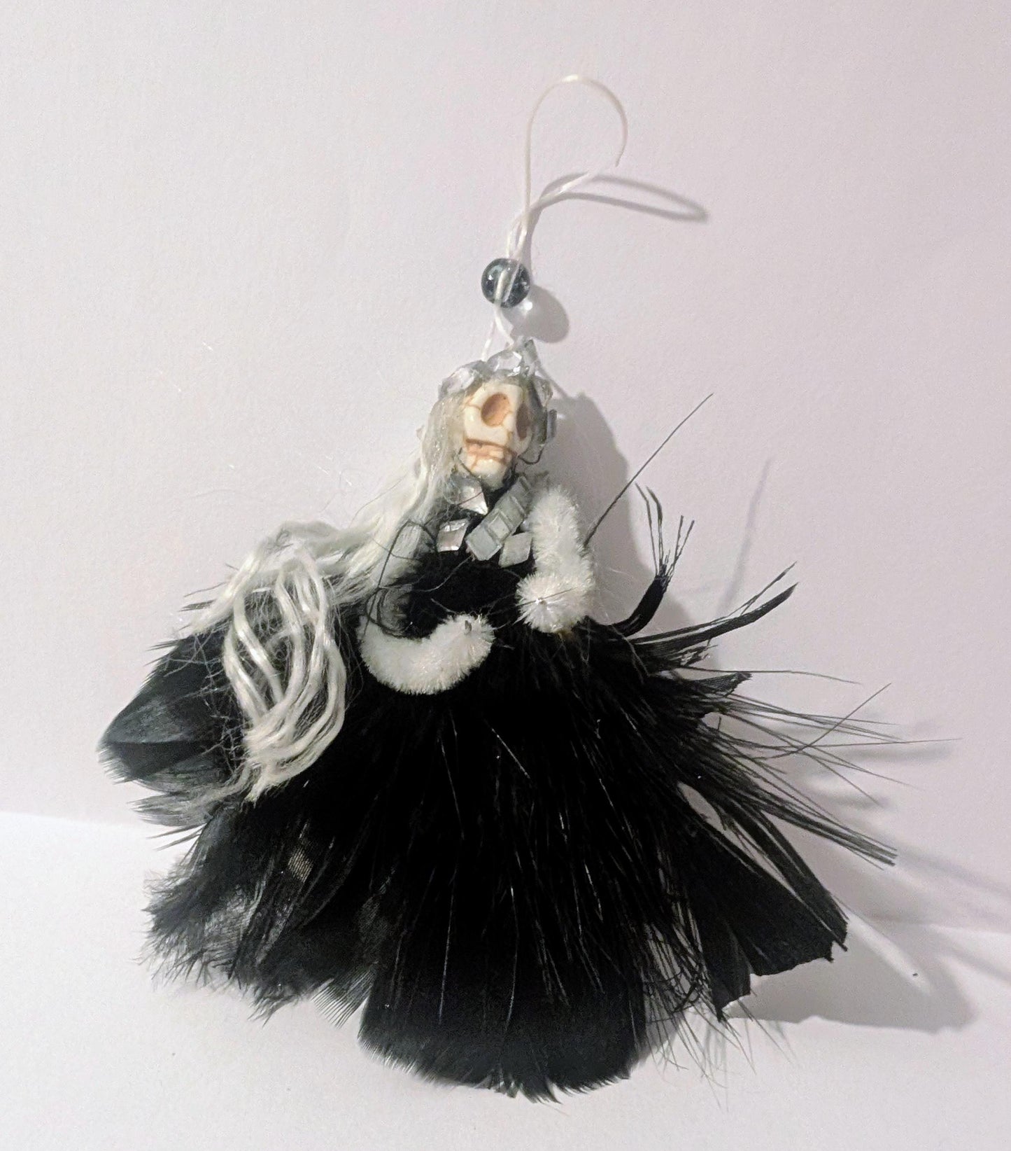 Handmade Gothic Skull Fairy Christmas Ornament: Black Feather Dress