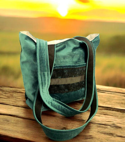 Handmade Green Velvet & Black Lace OOAK Tote Bag Shopper Shoulder Handbag Fully Lined Goth Funky Travel Festival Gift BG36