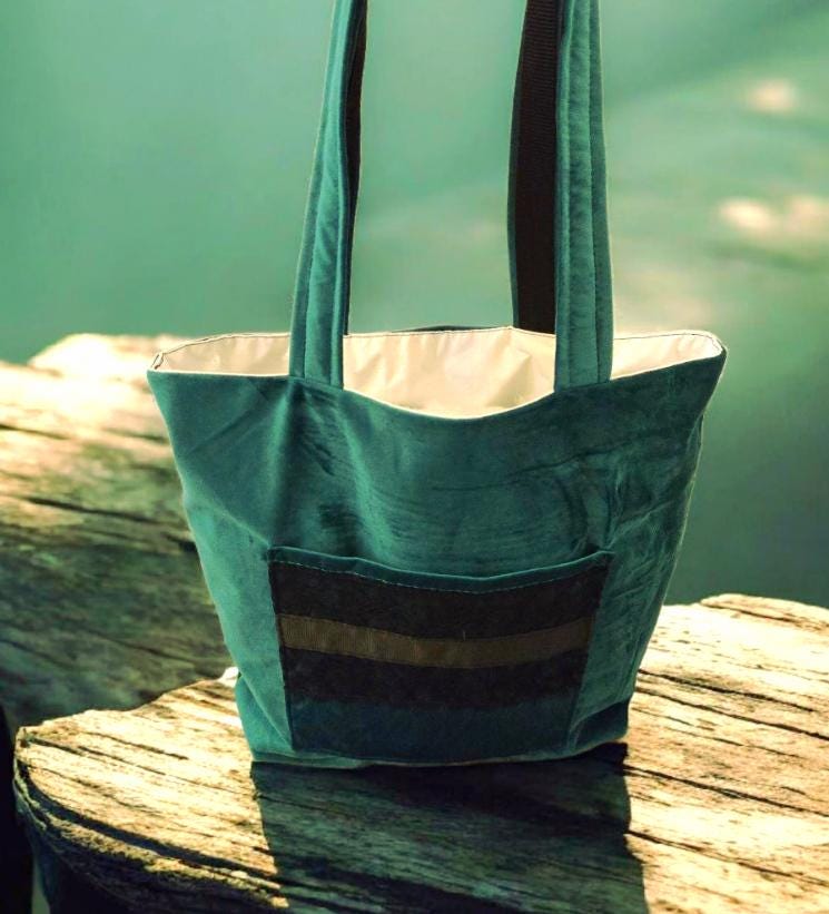 Handmade Green Velvet & Black Lace OOAK Tote Bag Shopper Shoulder Handbag Fully Lined Goth Funky Travel Festival Gift BG36