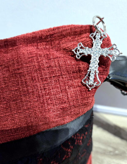 Handmade Red Burgundy Velvet Black Lace Shoulder Crossbody Bag Fully Lined Goth Funky Holiday Travel Festival OOAK Gift BG37