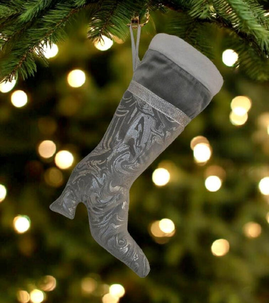 Stiletto Boot Christmas Stocking: Silver Velvet, White Fur Top