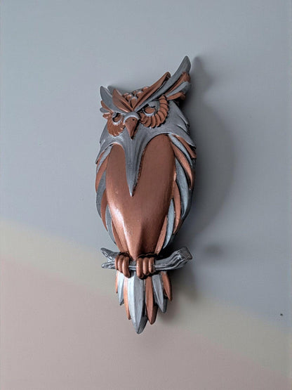 Hand cast + painted industrial style wise old steampunk Owl hanging wall plaque Gold + silver forest woodland creature home decor gift bird