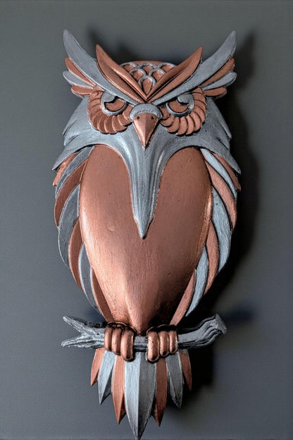 Hand cast + painted industrial style wise old steampunk Owl hanging wall plaque Gold + silver forest woodland creature home decor gift bird