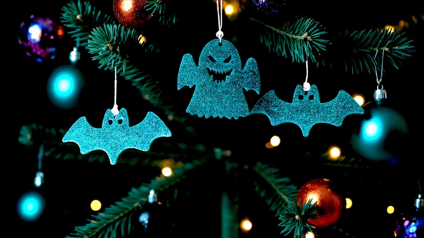 Peacock Green Glitter Bat & Ghost Christmas Ornaments: Gothic Xmas Tree Set