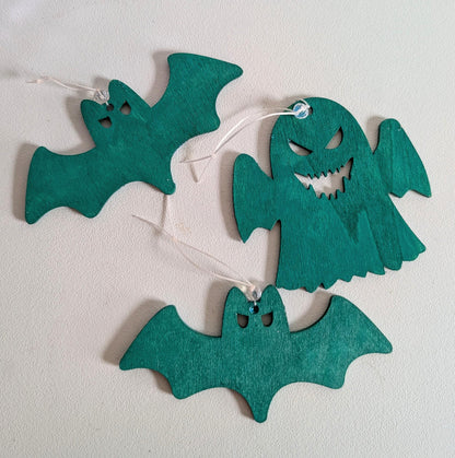 Peacock Green Glitter Bat & Ghost Christmas Ornaments: Gothic Xmas Tree Set