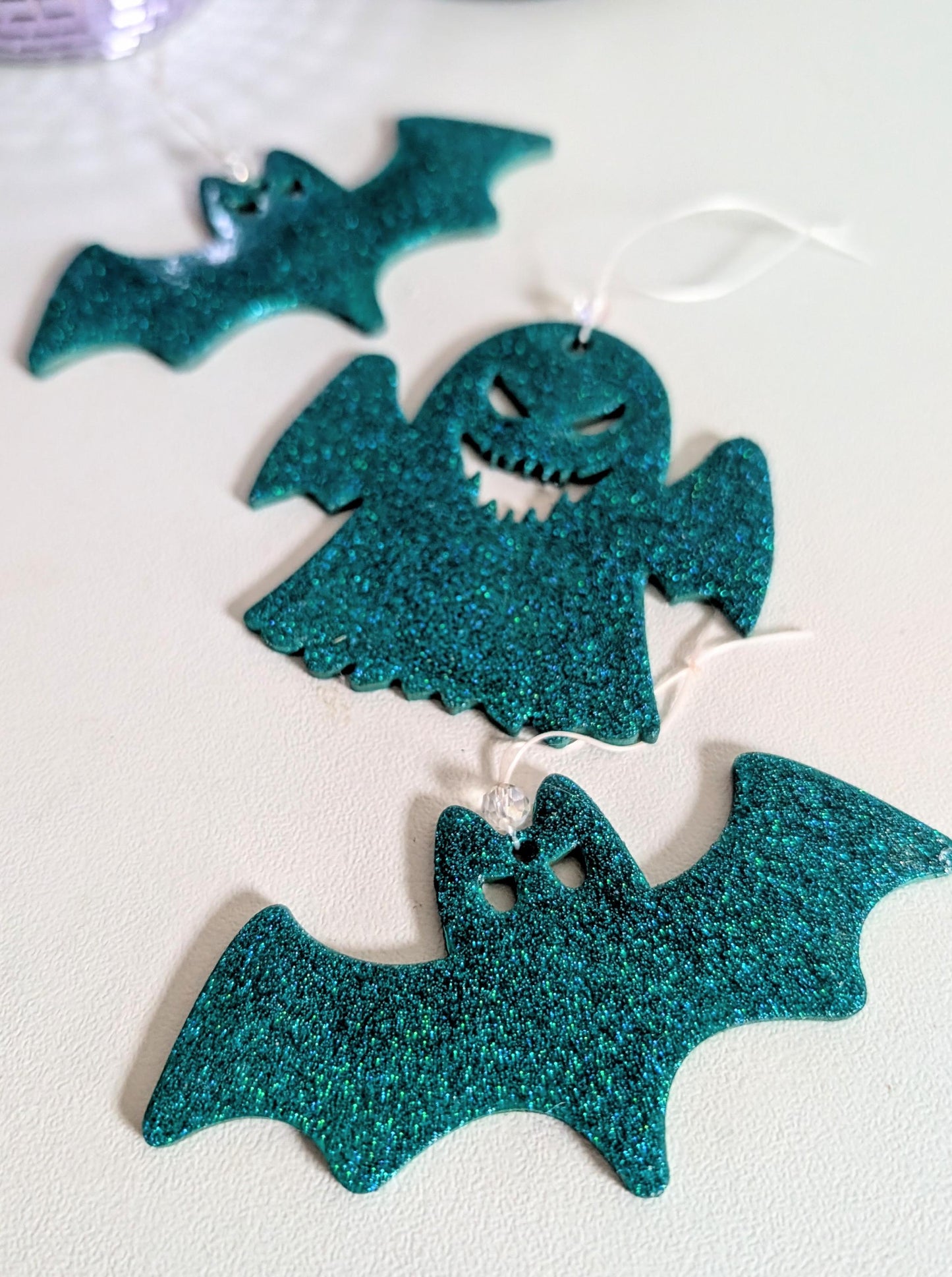 Peacock Green Glitter Bat & Ghost Christmas Ornaments: Gothic Xmas Tree Set